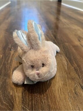 Bearington Baby Beige Bunny Plush Rattle with Light Blue Ear Details